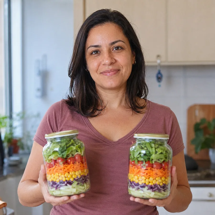 Camila Ribeiro segurando dois potes de salada montados em camadas na cozinha
